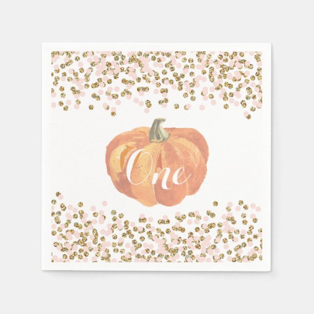 Pumpkin First Birthday Orange Pink Gold Glitter Napkins (Front)