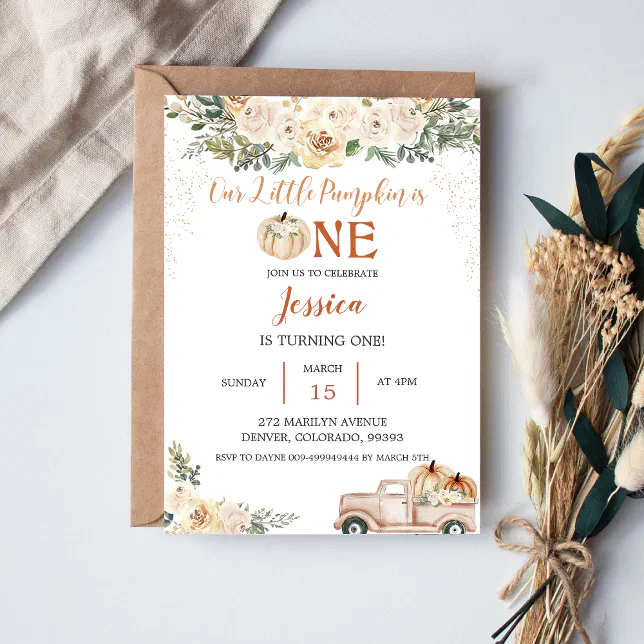 Pumpkin First Birthday Our Little Pumpkin Is One Invitation | Zazzle