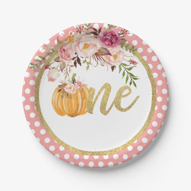 Pumpkin First Birthday Paper Plate - Floral Dots (Front)
