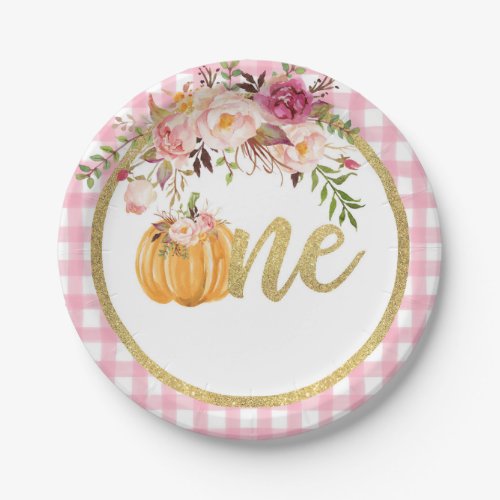 Pumpkin First Birthday Paper Plate _ Floral Plaid