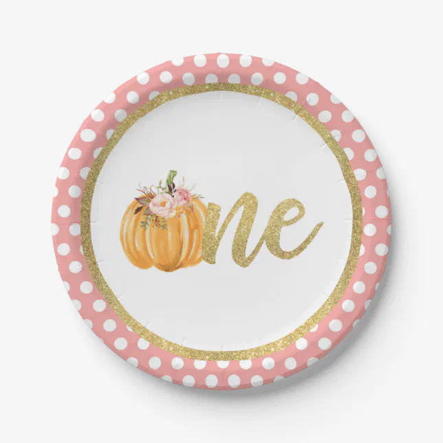 Pumpkin First Birthday Paper Plate - Pink Dots | Zazzle