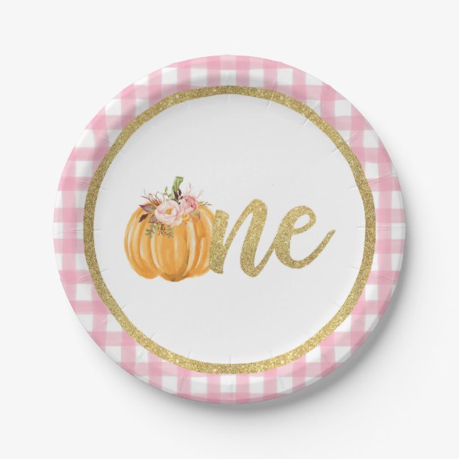 Pumpkin First Birthday Paper Plate - Pink Plaid (Front)