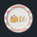 Pumpkin First Birthday Paper Plate - Pink Stripes<br><div class="desc">Perfect item to compliment any Pumpkin First Birthday Party!</div>