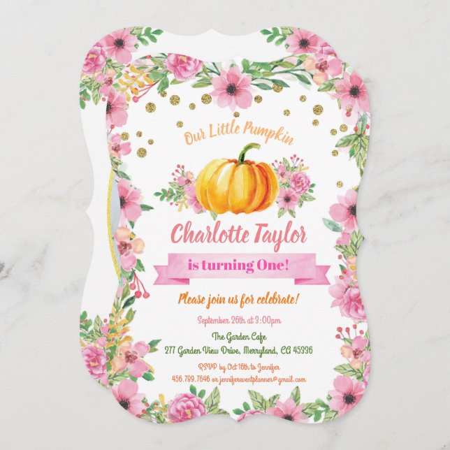Pumpkin first birthday photo invitation pink (Front/Back)
