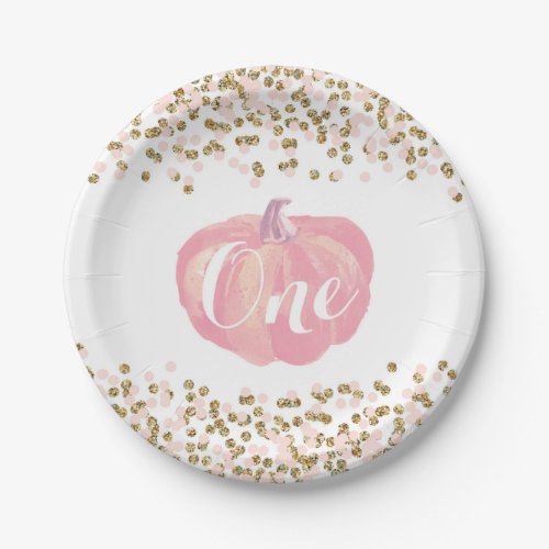 Pumpkin First Birthday Pink and Gold Paper Plates