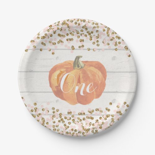 Pumpkin First Birthday Pink and Gold Paper Plates