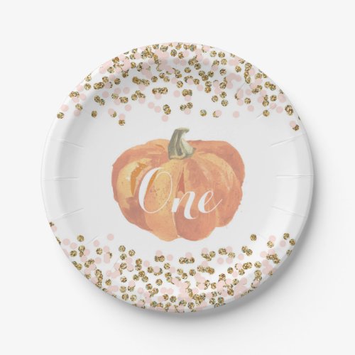 Pumpkin First Birthday Pink and Gold Paper Plates