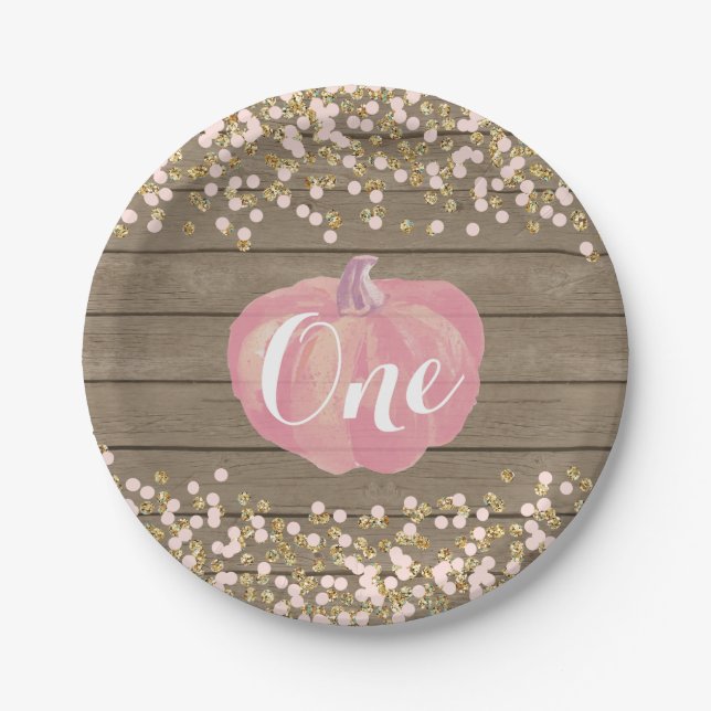 Pumpkin First Birthday Pink and Gold Paper Plates (Front)