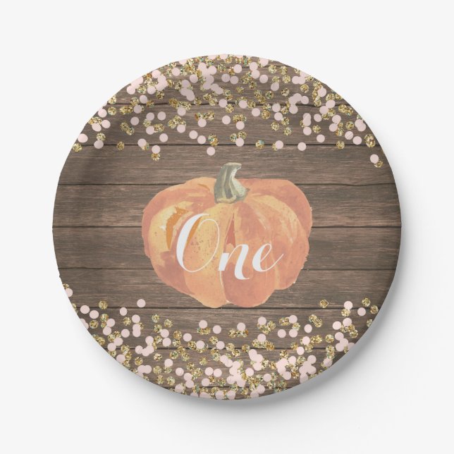 Pumpkin First Birthday Pink and Gold Paper Plates (Front)