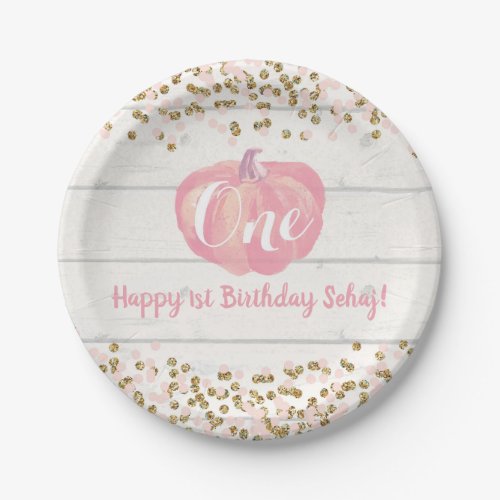 Pumpkin First Birthday Pink and Gold Paper Plates