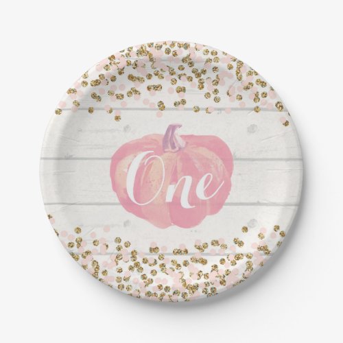 Pumpkin First Birthday Pink and Gold Paper Plates