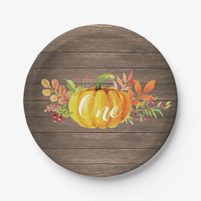 Pumpkin First Birthday Rustic Fall Autumn Paper Plates (Front)
