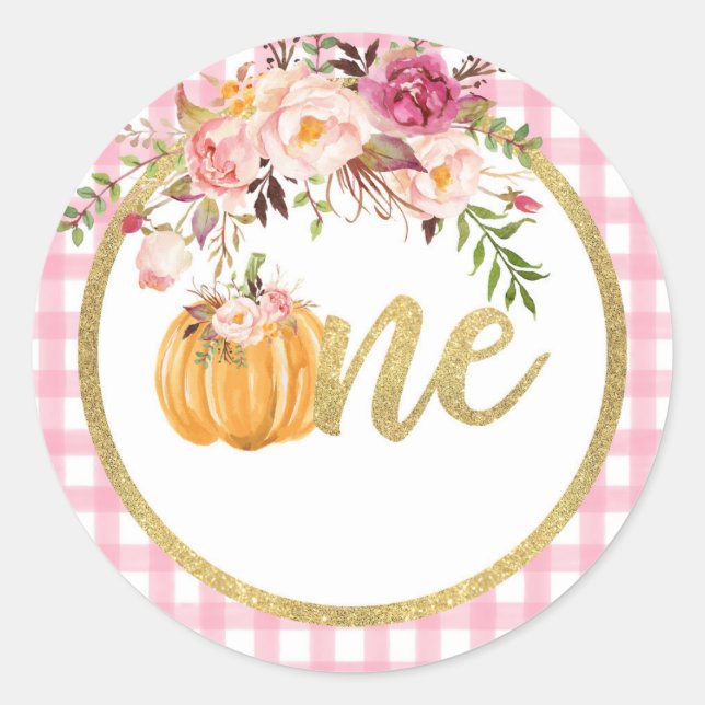 Pumpkin First Birthday Sticker - Floral Plaid (Front)