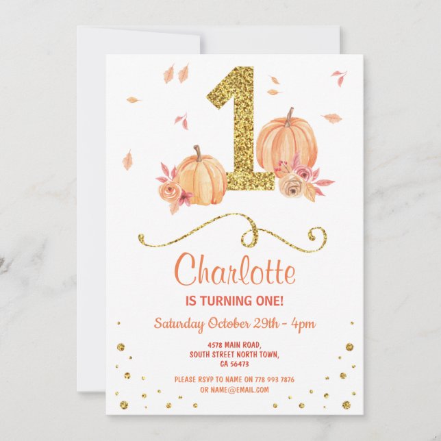 Pumpkin First One Birthday Fall Party Invite (Front)