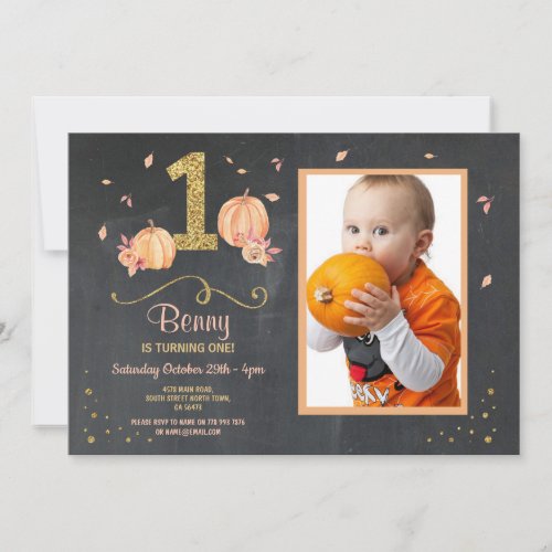 Pumpkin First One Birthday Fall Party Photo Invite