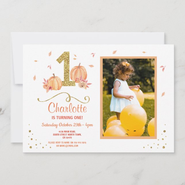Pumpkin First One Birthday Fall Party Photo Invite (Front)