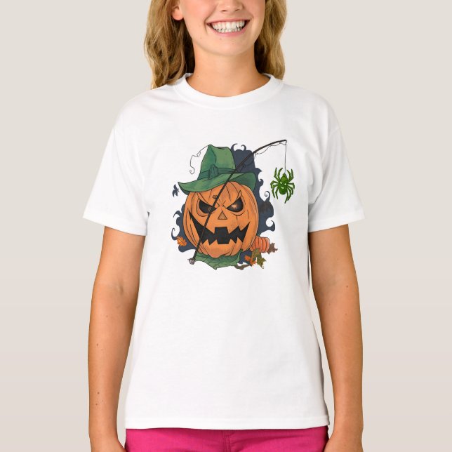 Pumpkin Fisherman Fishing Funny Halloween T-Shirt (Front)