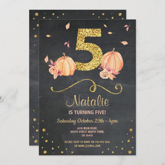 Pumpkin FIVE Birthday 5THh Fall Chalk Gold Invite (Front/Back)