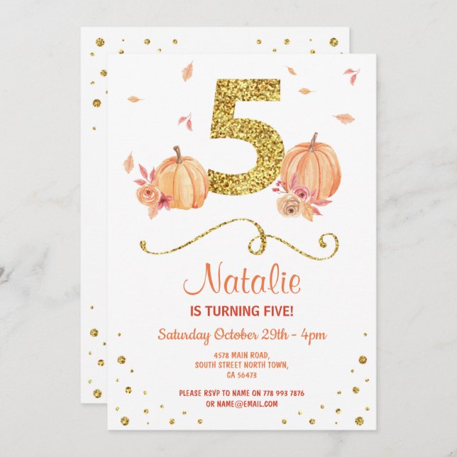 Pumpkin FIVE Birthday 5THh Fall Party Gold Invite (Front/Back)