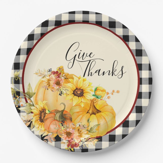Pumpkin floral and check Thanksgiving Paper Plates (Front)