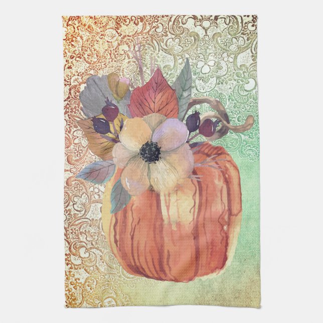 Pumpkin floral and lace fall elegant orange green kitchen towel (Vertical)