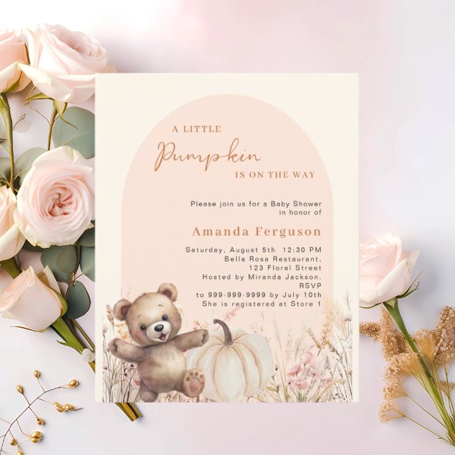 Pumpkin floral arch teddy Baby Shower invitation (Creator Uploaded)
