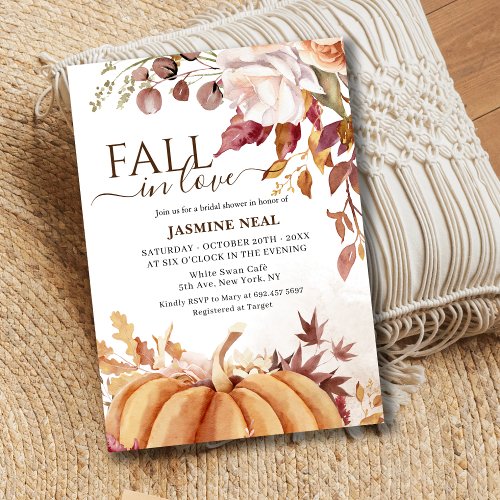 Pumpkin Floral Autumn  Fall in Love Bridal Shower Invitation