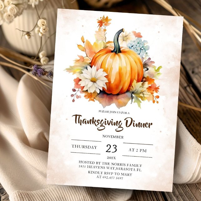 Pumpkin Floral Autumn Leaves Thanksgiving Dinner Invitation (Creator Uploaded)