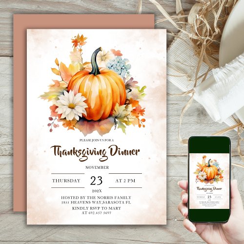 Pumpkin Floral Autumn Leaves Thanksgiving Dinner Invitation