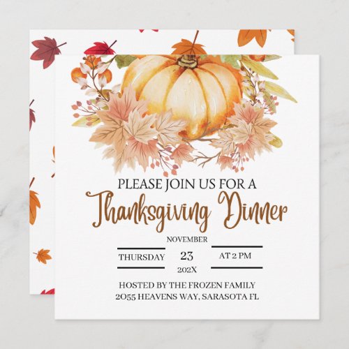 Pumpkin Floral Autumn Leaves Thanksgiving Dinner Invitation