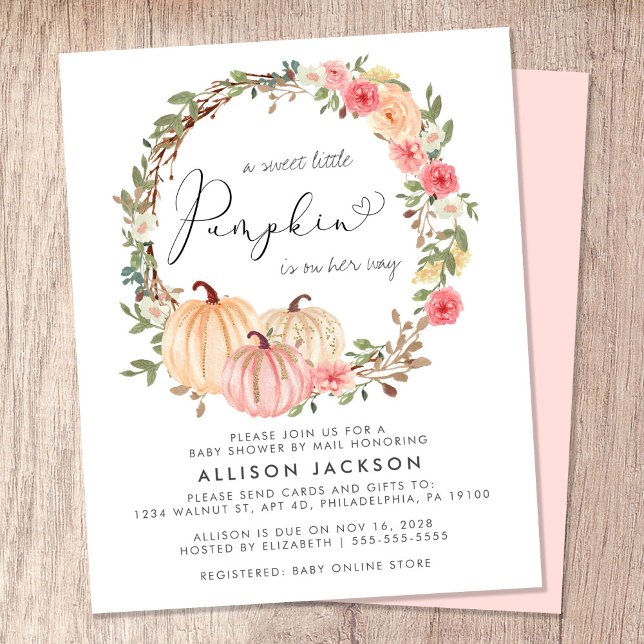 Pumpkin Floral Baby Shower By Mail Invitation (Celebrate the upcoming arrival of your sweet little autumn baby with a pumpkin baby shower by mail)