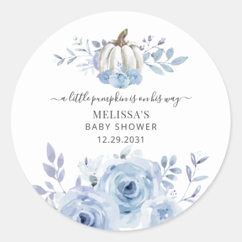 Pumpkin Floral Baby Shower Dusty Blue Classic Round Sticker