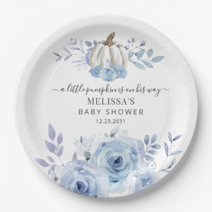 Pumpkin Floral Baby Shower Dusty Blue Paper Plates