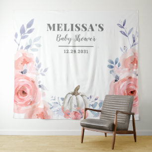 Pumpkin Floral Baby Shower Pink Roses Watercolor Tapestry