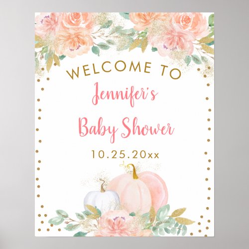 Pumpkin Floral Blush  Gold Baby Shower Welcome Poster