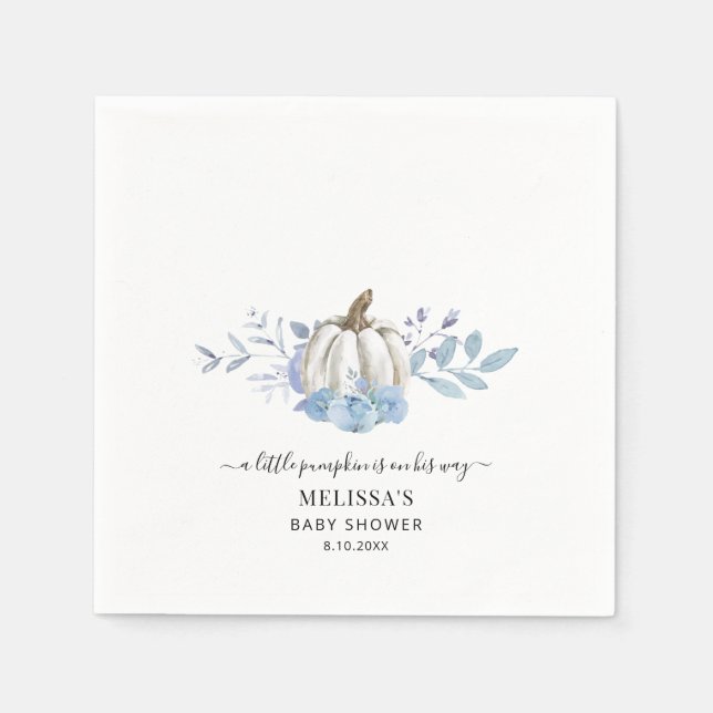Pumpkin Floral Boy Baby Shower Dusty Blue Paper Napkins (Front)