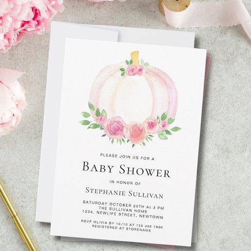 Pumpkin Floral Fall Girls Baby Shower Invitation