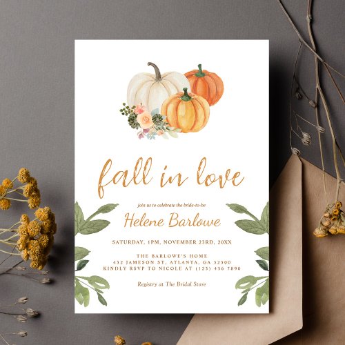 Pumpkin Floral Fall In Love Bridal Shower Invitation