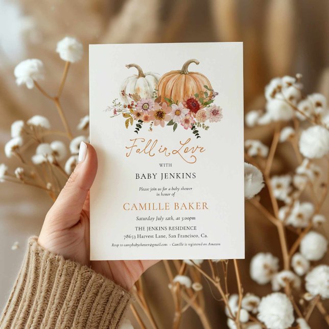Pumpkin Floral Fall in Love with Baby Shower Invitation (Fall in Love with Baby Pumpkin Floral Invitation)