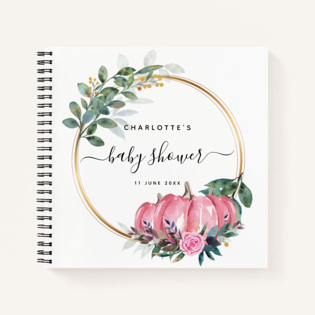 Pumpkin Floral Fall Pink Baby Shower Guestbook Notebook (Front)