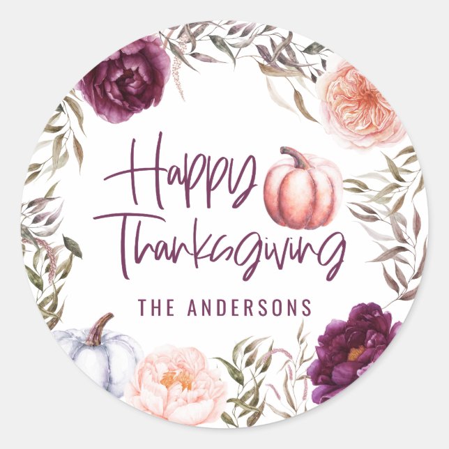 pumpkin floral fall thanksgiving party classic round sticker (Front)