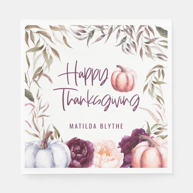 pumpkin floral fall thanksgiving party napkins (Front)