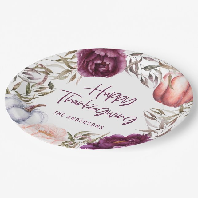pumpkin floral fall thanksgiving party paper plates (Angled)