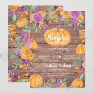 Pumpkin floral fall watercolor wood baby shower invitation