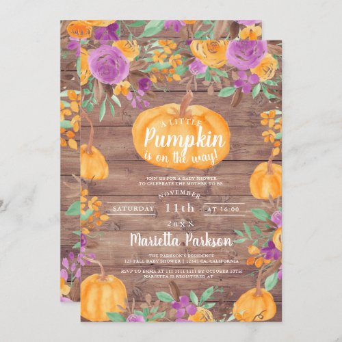 Pumpkin floral fall watercolor wood baby shower invitation