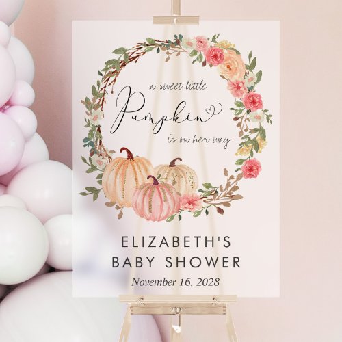 Pumpkin Floral Girl Baby Shower Welcome Frosted Acrylic Sign