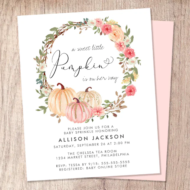 Pumpkin Floral Girl Baby Sprinkle Invitation | Zazzle