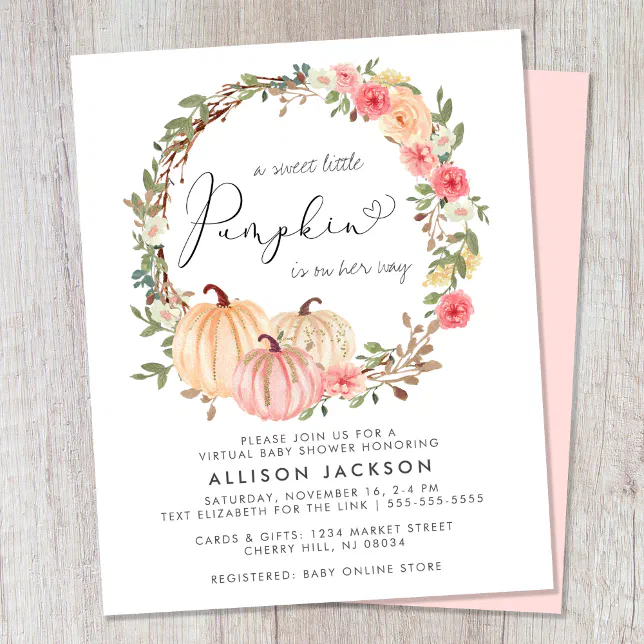 Pumpkin Floral Girl Virtual Baby Shower Invitation | Zazzle