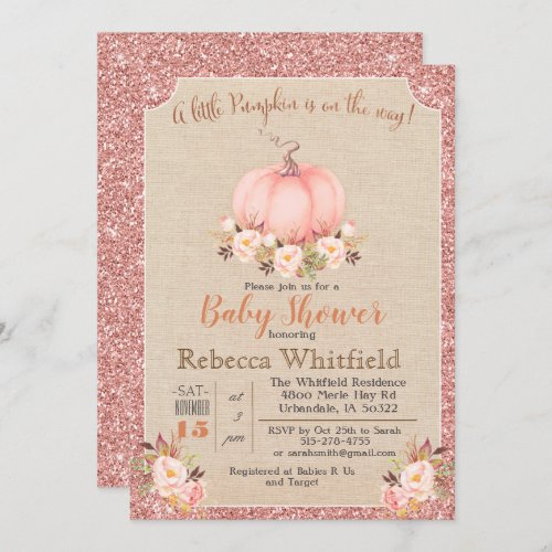 Pumpkin Floral Glitter Baby Shower Invitation