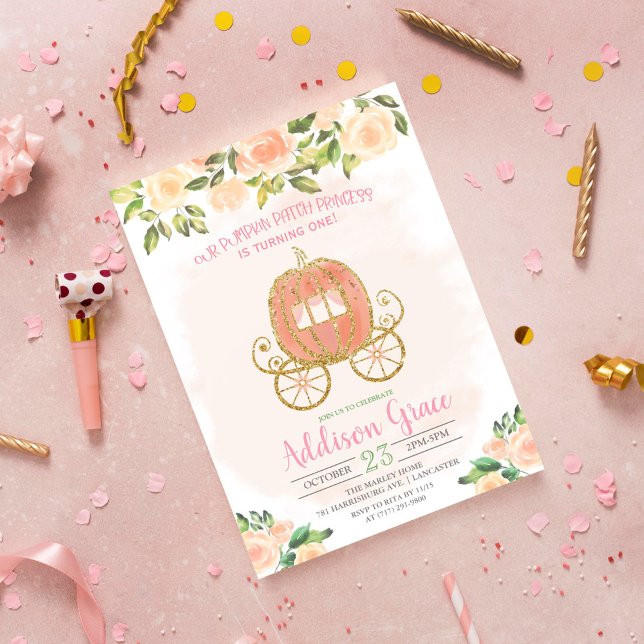 Pumpkin Floral Glitter Girl Birthday Invitation (Creator Uploaded)